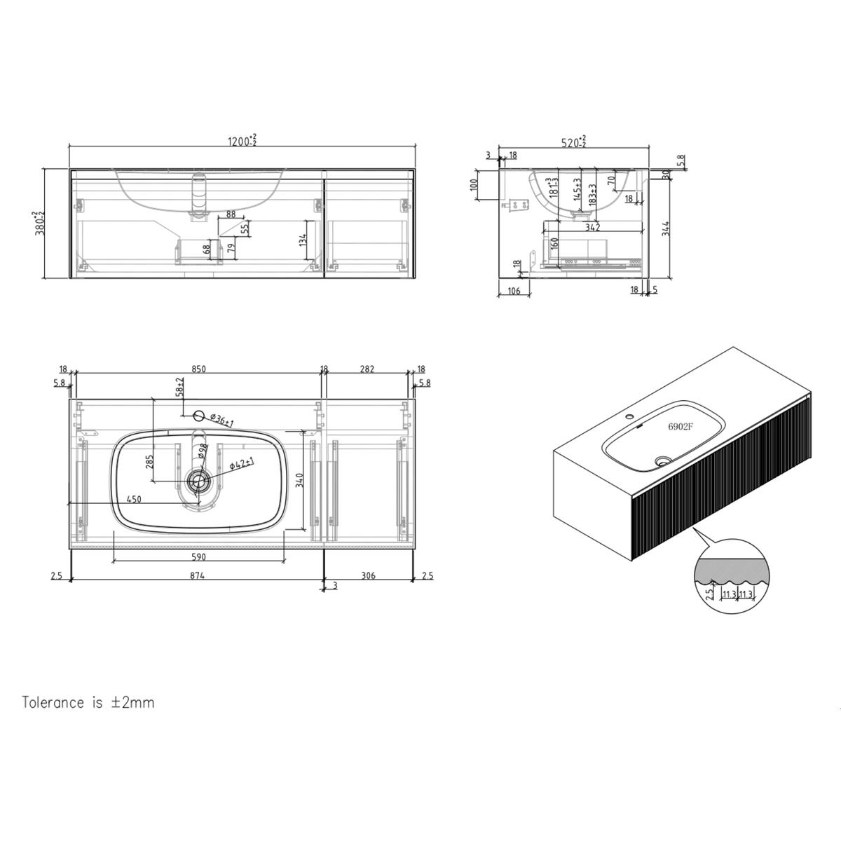 1200mm White Fluted Wall Hung Vanity Unit with Aluminium Basin - Venice