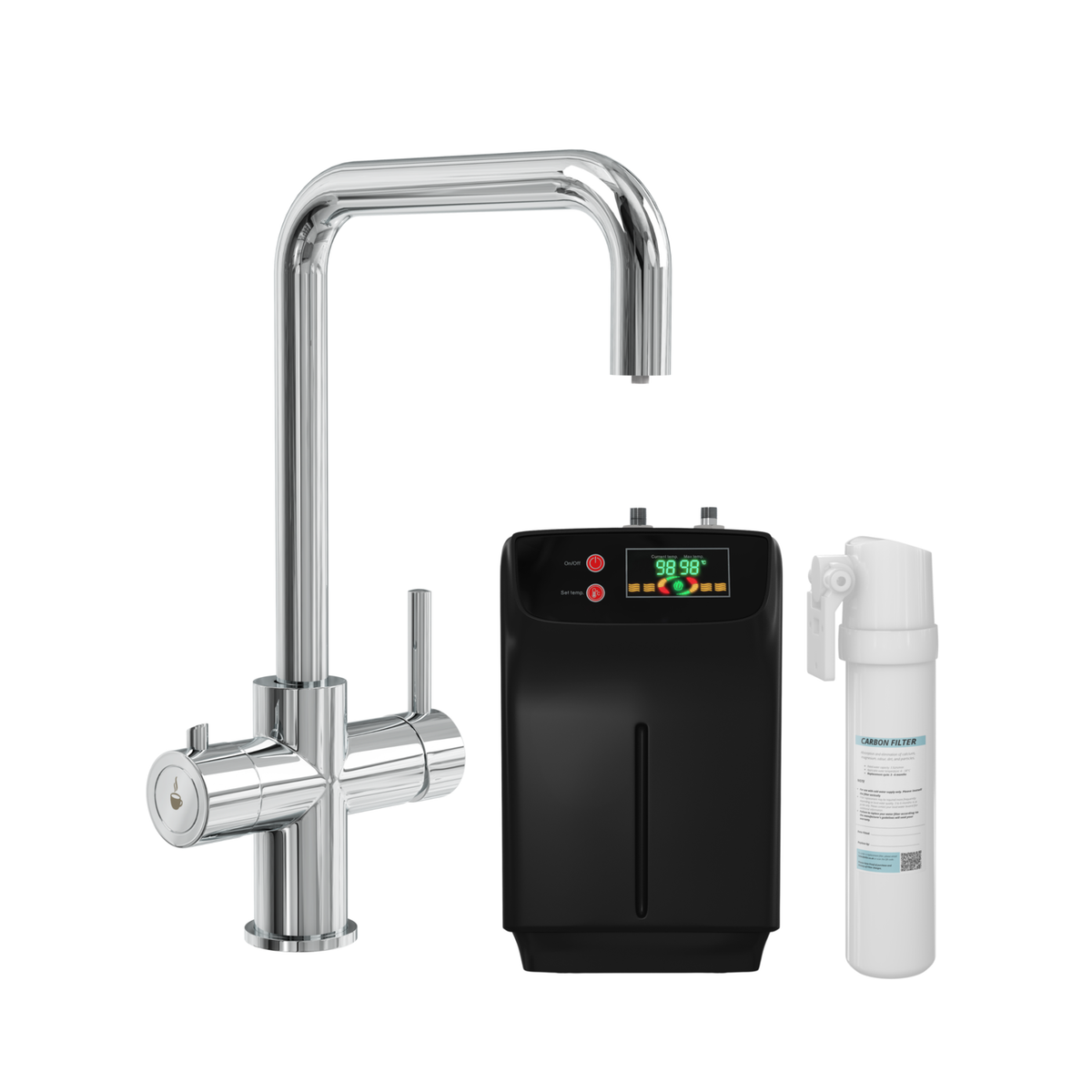 Chrome 3 in 1 Square Instant Boiling Hot Kitchen Mixer Tap with 3L Boiler and Filter - Pronto Vesta