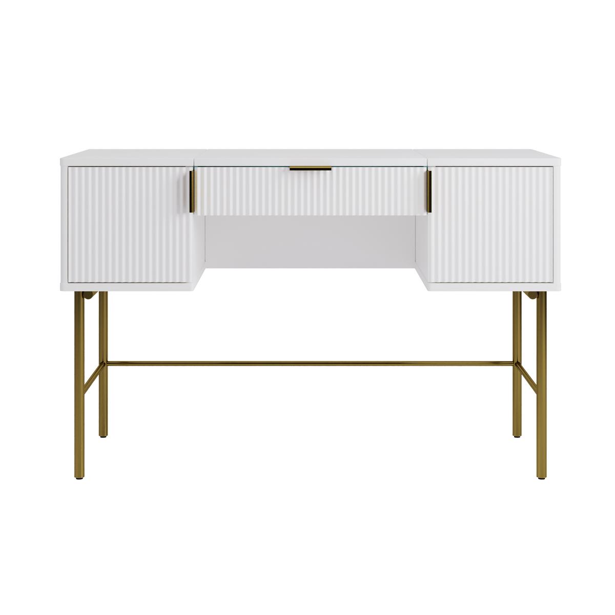 White Ribbed Dressing Table with Storage and Fold-Out Mirror - Valencia