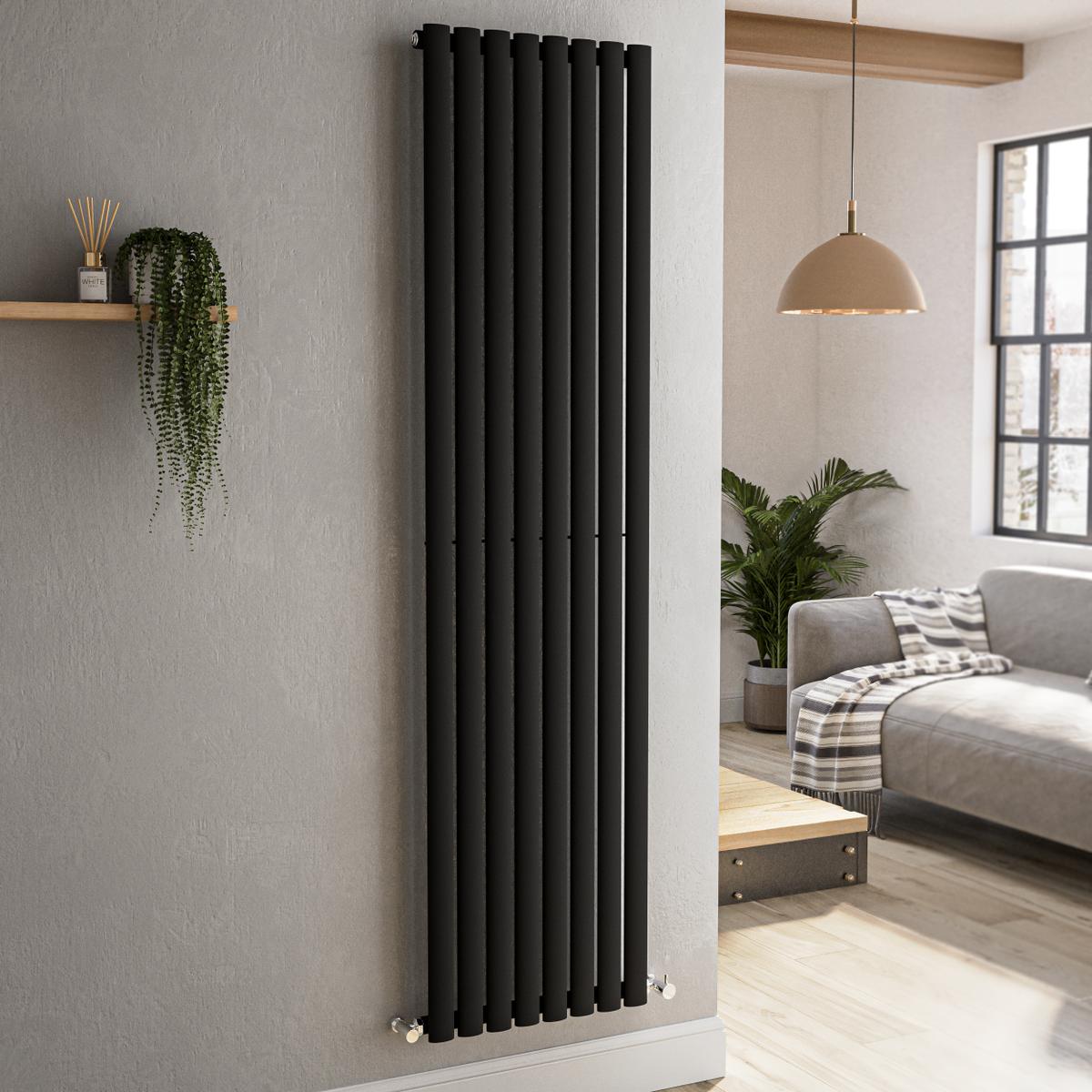 GRADE A2 - Sorrento Midnight Black Vertical Oval Designer Radiator 1800x472mm Single Panel 3373 BTU