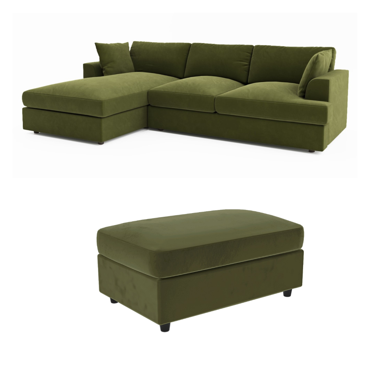 Left Hand Chaise Corner Sofa and Footstool Set in Green Velvet - August