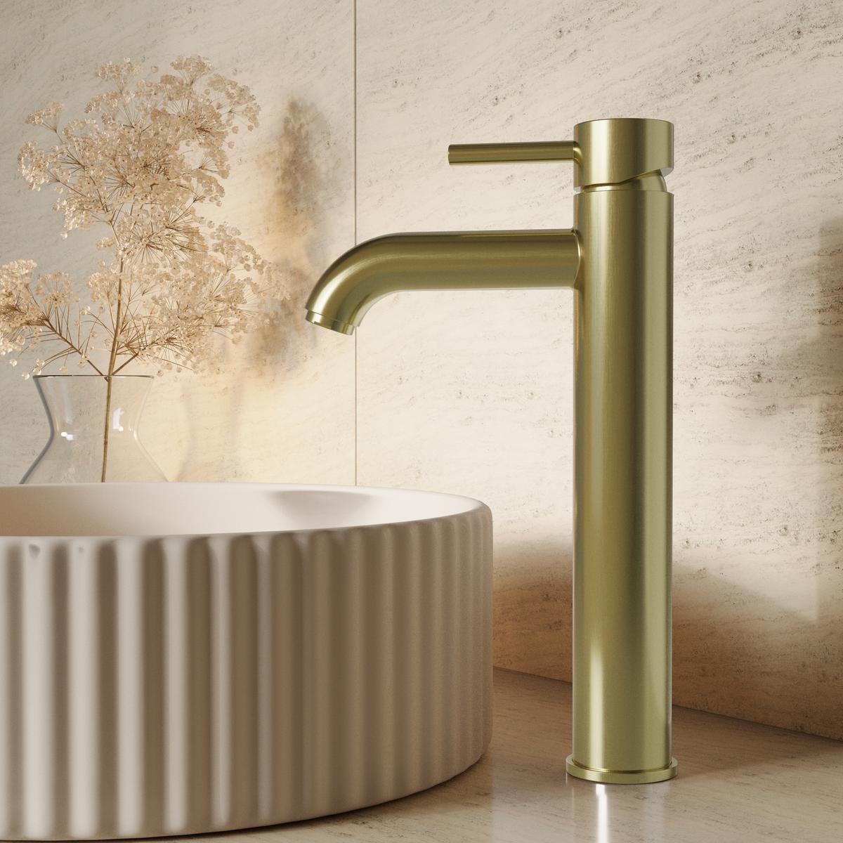 Brushed Brass Tall Mono Basin Mixer Tap - Arissa