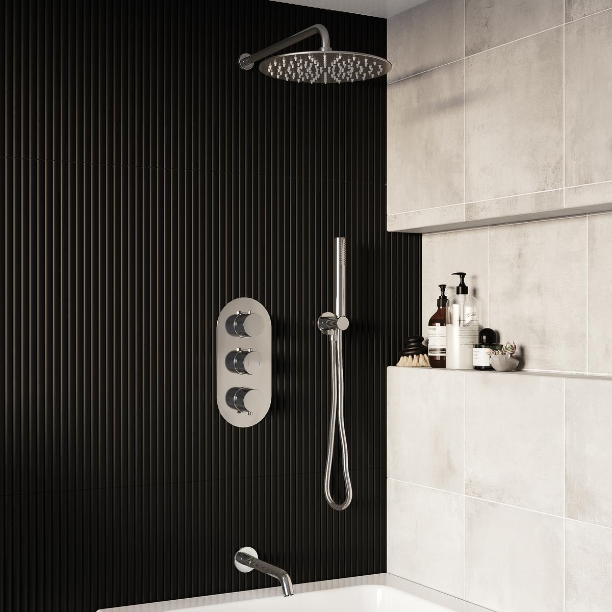 Chrome 3 Outlet Wall Mounted Thermostatic Mixer Shower Set With Hand Shower and Pencil Bath Filler Spout - Arissa