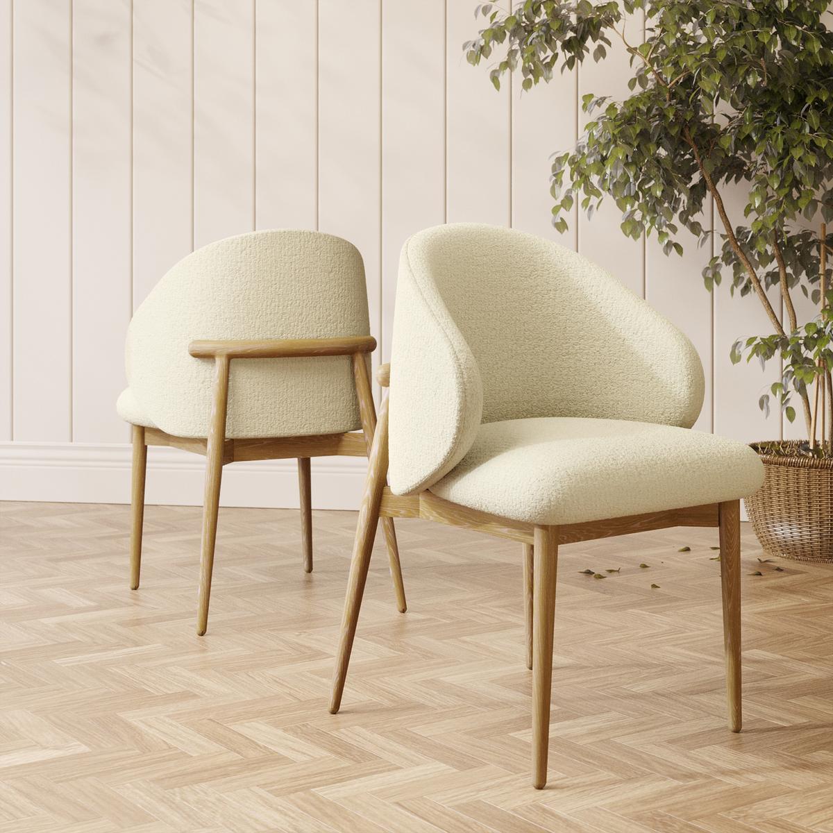 Cream Upholstered Curved Dining Chair with Limewash Solid Wood Exposed Back - Kori