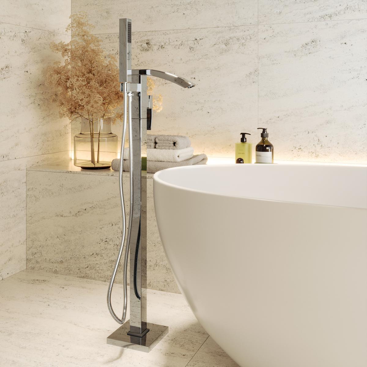 Chrome Freestanding Bath Shower Mixer Tap - Wave