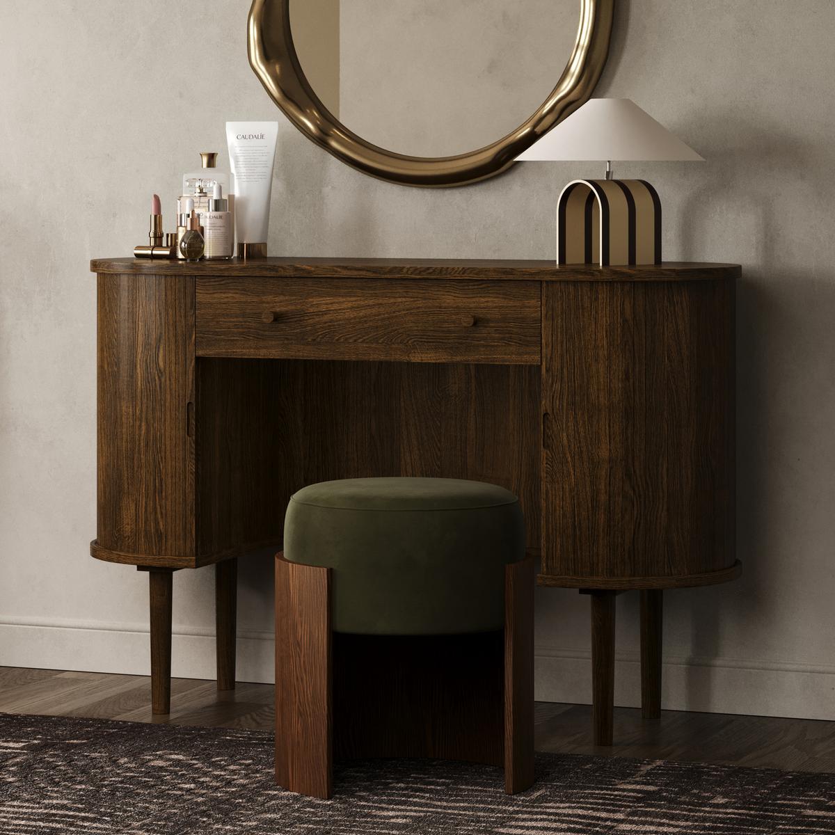 Green Upholstered Bedroom Stool With Curved Walnut Base - Clover