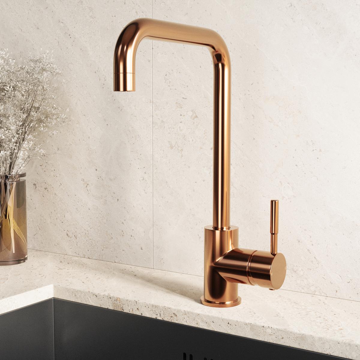 Single Lever Brushed Copper Monobloc Square Spout Kitchen Mixer Tap - Enza Elwood