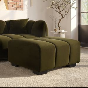 Khaki Green Velvet Footstool - Elod