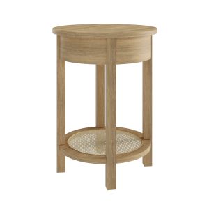 Light Oak Circular Bedside Table with Drawer and Shelf - Ida