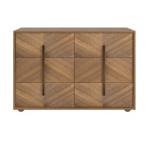 Wide Walnut Mid-Century 6 Drawer Chest of Drawers with Parquet Finish - Nikita