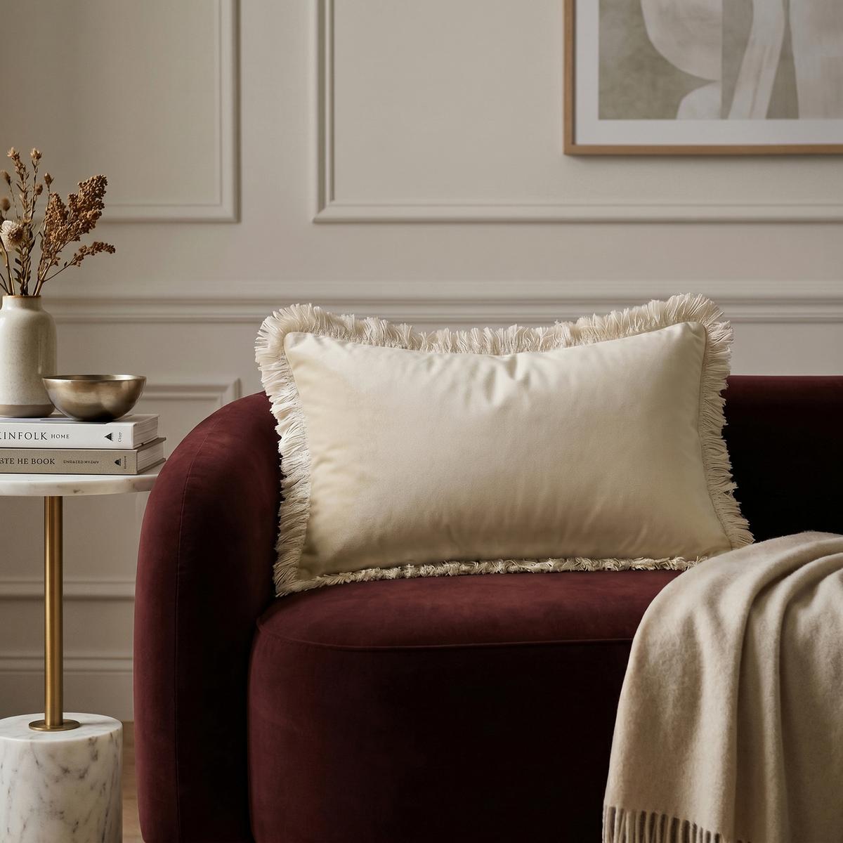 Beige Velvet Fibre Filled Fringed Sofa Scatter Cushion - 50 x 30cm - Jora