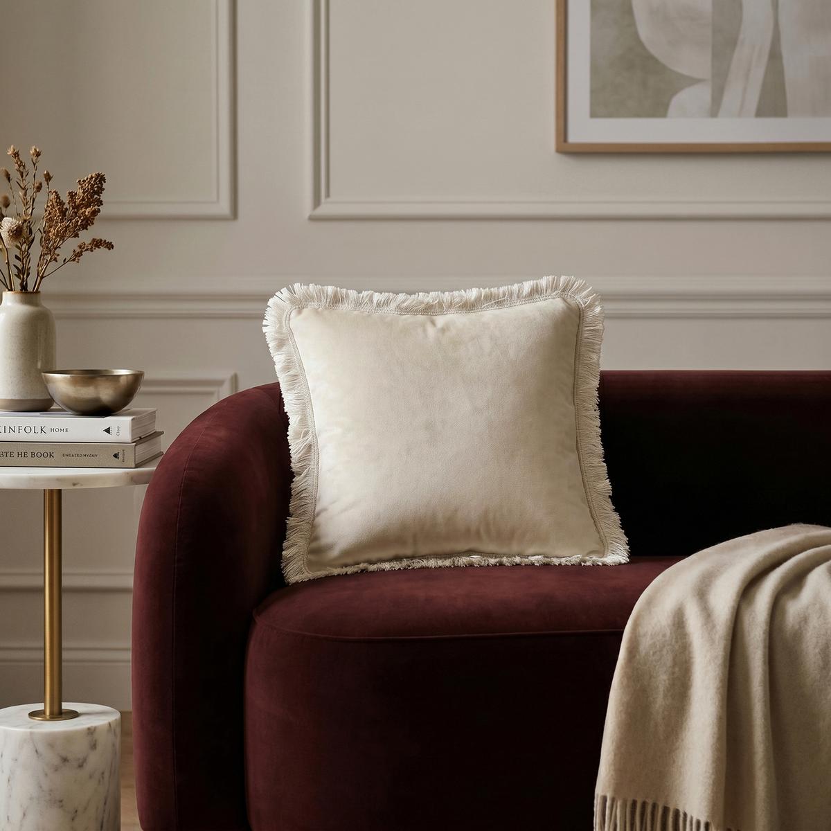 Beige Velvet Fibre Filled Fringed Sofa Scatter Cushion - 45 x 45cm - Jora
