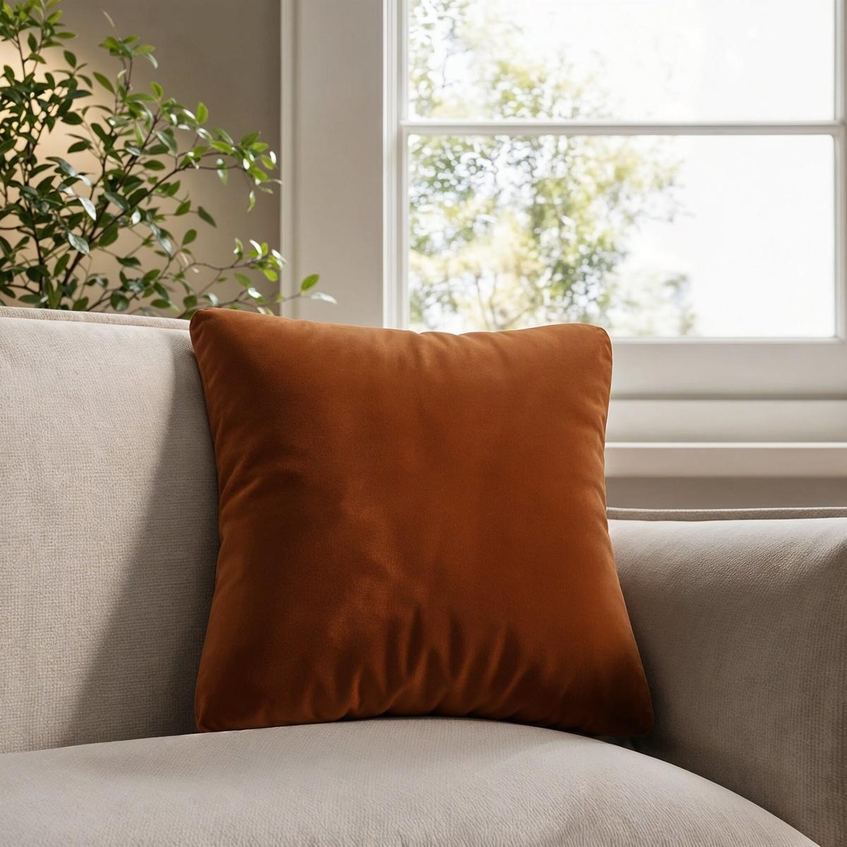 Orange and Beige Velvet Fibre Filled Reversible Sofa Scatter Cushion - 45 x 45cm - Orin