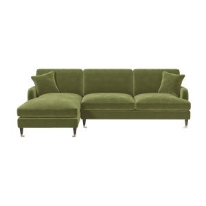 Olive Green Velvet Left Hand Facing 4 Seater Chaise Corner Sofa - Payton